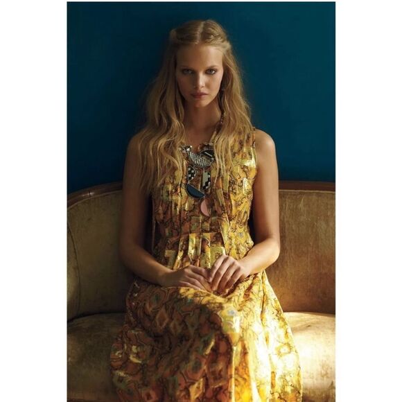 Anthropologie HD in Paris Goldspun Paisley Silk Dress Pleated size 2 Sleeveless - Picture 3 of 17